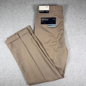 Braggi Dress Pants Mens 32x32 Tan Micro Stripe Pleated Cuffed NWT Martin